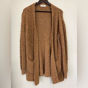 Zenana Popcorn Cardigan Open Front Size Large Textured Tan Brown Sweater Winter